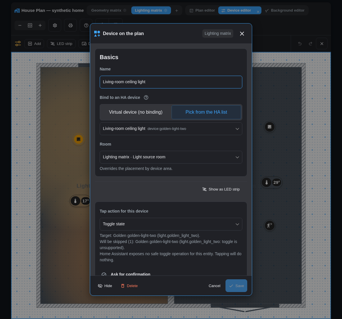 Device settings with binding provenance and the exact action result