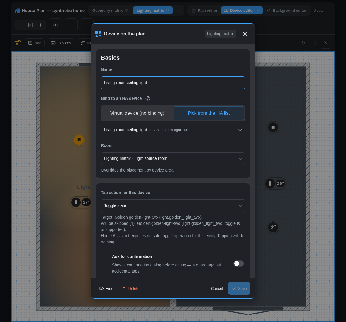 Device settings with binding provenance and the exact action result