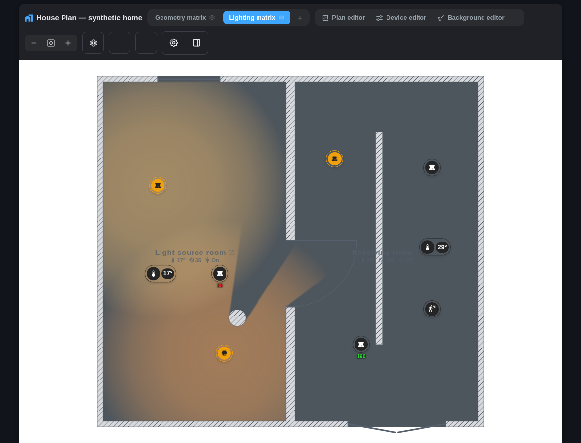 Synthetic home in View mode with rooms, devices, light and climate