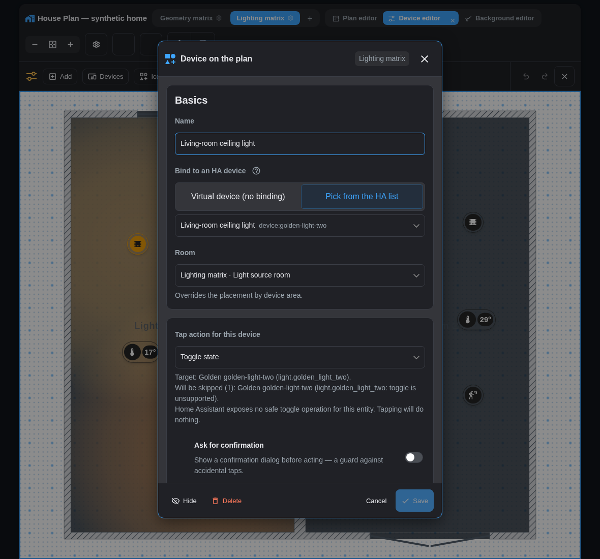 Device settings with binding provenance and the exact action result