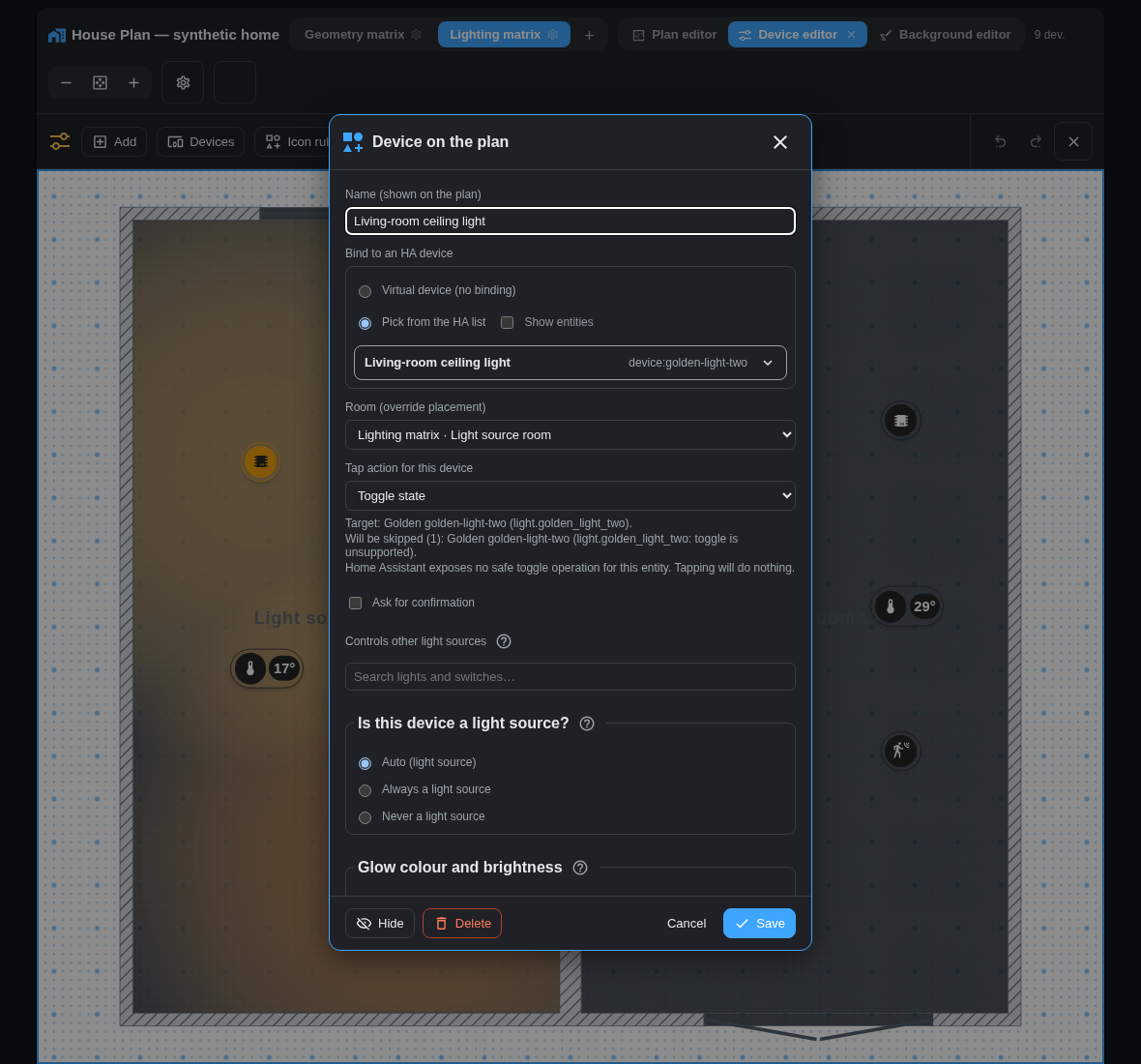 Device settings with binding provenance and the exact action result