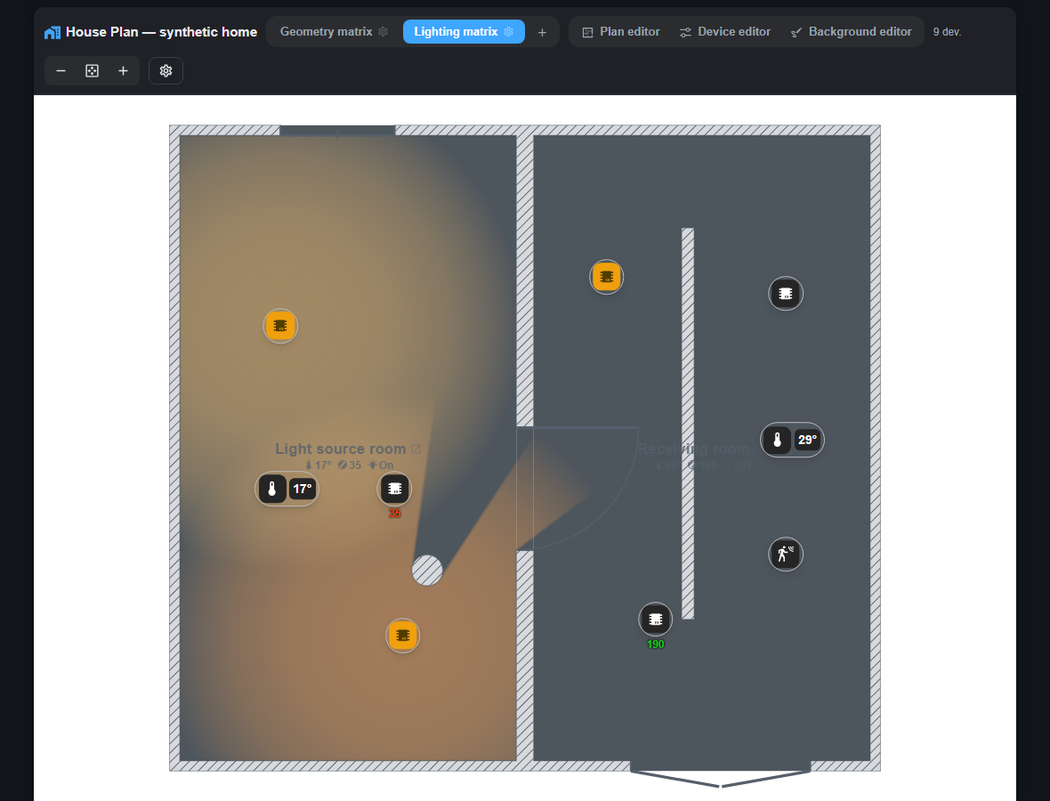 Synthetic home in View mode with rooms, devices, light and climate