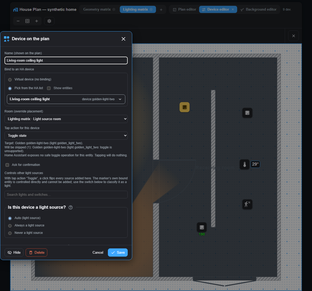 Device settings with binding provenance and the exact action result